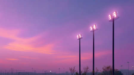 A captivating view of a serene evening sky, showcasing soft pink and purple hues with sports field lights illuminating the landscape during dusk.の素材