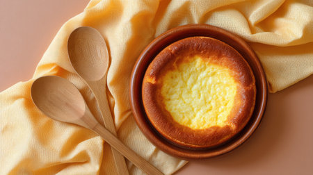 A beautifully baked cheese souffle presented on a wooden plate, accompanied by natural wooden spoons, set upon a soft yellow cloth, creating a cozy atmosphere.の素材