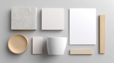 This minimalist flat lay image features a variety of textured and smooth surfaces arranged neatly on a light background, ideal for design and branding projects.の素材