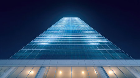 This stunning photograph captures a futuristic skyscraper at night, showcasing a sleek glass facade illuminated by city lights against a deep blue sky.の素材