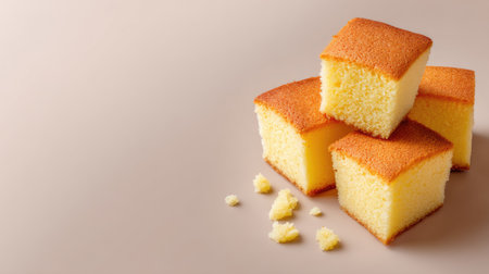 A close-up view of delicious yellow square cakes arranged on a soft background, with a few crumbles around showcasing the fluffy texture and inviting appearance.の素材