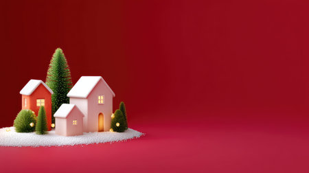 A charming winter village scene features colorful houses and evergreen trees adorned with snow. This festive composition on a vibrant red background evokes holiday cheer.の素材