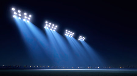 A captivating image of powerful stadium floodlights casting vibrant beams of light into the dark night, creating a stunning ambiance for outdoor sports events.の素材
