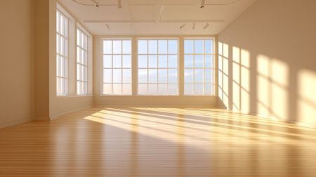 A bright and spacious room featuring large windows that let in ample natural light. The soft shadows create a calming ambiance on the wooden floor.の素材