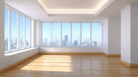 Bright and airy interior of a vacant living room featuring expansive windows that open to a stunning cityscape, providing ample natural light and a welcoming atmosphere.の素材