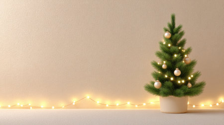 A charming Christmas tree adorned with golden ornaments and twinkling lights creates a warm holiday ambiance against a soft beige wall, perfect for festive decor.の素材