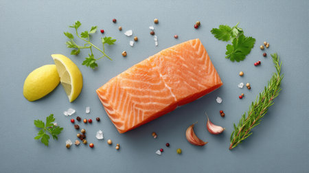 This vibrant composition showcases a fresh salmon fillet paired with herbs, spices, and lemon slices on a gray surface, perfect for culinary inspiration and food photography.の素材