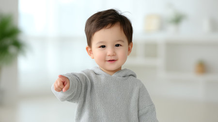 A cheerful young child wearing a gray sweater points with a smile, radiating joy in a bright indoor space, perfect for capturing the essence of childhood and innocence.の素材
