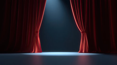 Stunning red stage curtains poised to open under a soft spotlight, creating an inviting atmosphere ready for an anticipated performance or presentation.の素材