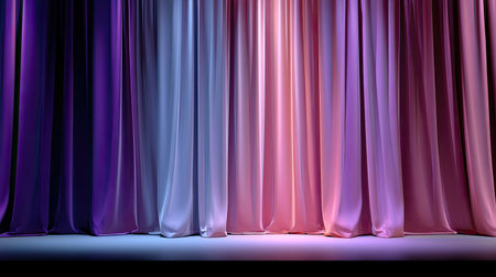 A stunning display of elegantly draped curtains in soft pastel colors, beautifully lit to enhance the atmosphere. Ideal for theatrical backdrops or event settings.の素材