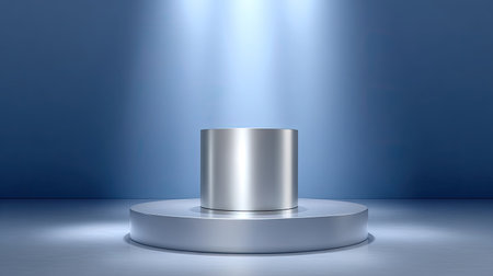 A sleek, modern cylindrical podium illuminated by dramatic spotlights against a serene blue backdrop. Perfect for showcasing products or hosting award ceremonies.の素材