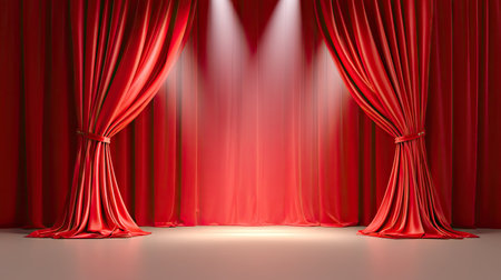 A captivating scene featuring vibrant red theater curtains illuminated by spotlights, perfect for emphasizing artistic performances and cultural events in an elegant setting.の素材