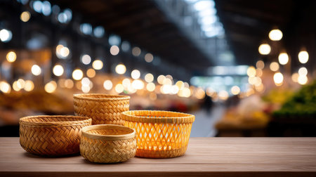 A captivating arrangement of handcrafted woven baskets on a wooden table, set against a softly blurred market background that enhances the warm ambiance.の素材