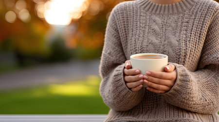 Enjoy a tranquil autumn moment with a warm cup of coffee held in cozy hands. The blurred colors of nature create a serene backdrop for relaxation and peace.の素材