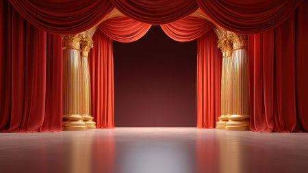 An exquisite theater stage featuring luxurious red curtains and ornate golden columns, creating a captivating scene for performances and events.の素材