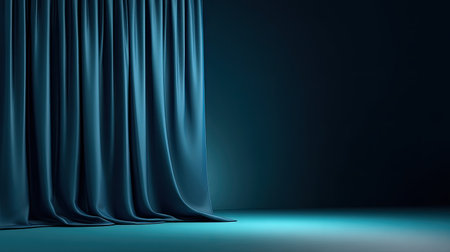 An elegant deep blue satin curtain drapes gracefully, showcasing the interplay of soft light and darkness in a serene indoor environment. Perfect for artistic displays.の素材