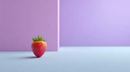 A single vibrant strawberry is captured against a soft pastel background featuring geometric shapes, symbolizing freshness and health in a modern design aesthetic.の素材