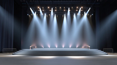 An empty concert stage featuring a modern design with bright spotlights illuminating the performance area, ideal for music events and theatrical productions.の素材