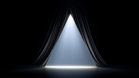 A captivating scene showcasing a triangular light beam breaking through dark curtains, creating an atmospheric effect ideal for theater, performance, or artistic projects.の素材