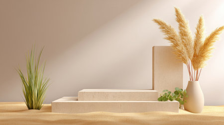 This image showcases an elegant interior display featuring natural elements against a sandy background, highlighting geometric shapes and dried grass for modern decor inspiration.の素材