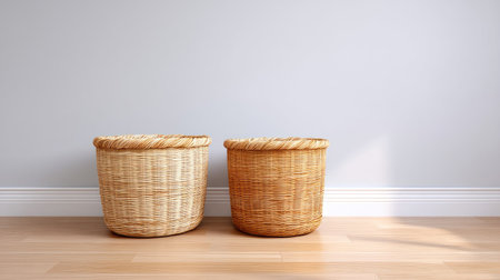 Two woven baskets sit on a wooden floor, perfectly complementing a neutral wall. Ideal for home organization, these stylish baskets elevate interior decor with simplicity.の素材