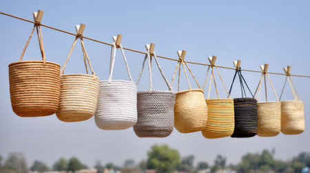 A collection of vibrant handmade baskets hangs in the sunlight, showcasing various textures and colors against a serene blue sky. Perfect for home decor inspiration.の素材