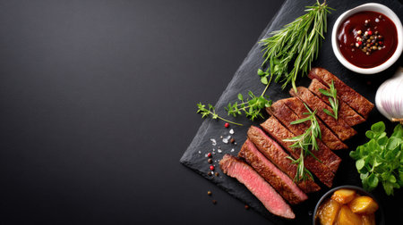 This captivating image features a beautifully sliced grilled beef steak, seasoned with fresh herbs and paired with savory sauces, perfect for culinary presentations.の素材