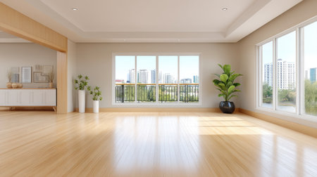 This image features a bright and spacious modern apartment interior, showcasing large windows that frame a beautiful city view, creating a serene ambiance.の素材