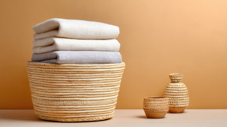 Discover the beauty of cozy textiles stacked in a woven basket, accompanied by decorative wooden containers, creating a serene and minimalist home setting.の素材