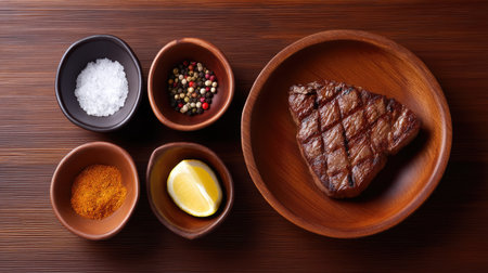 A beautifully grilled steak sits on a wooden plate, accompanied by various spices and a slice of lemon. Perfect for cooking enthusiasts and food lovers.の素材