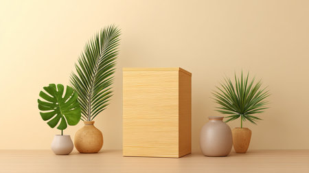 This image showcases a minimalist interior decoration featuring a wooden box and various potted plants against a soft beige backdrop, ideal for design inspiration.の素材