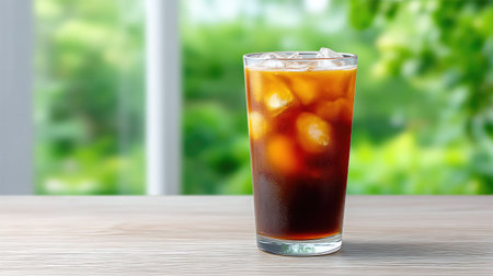 A beautifully styled glass of iced coffee filled with ice cubes sits on a wooden table, capturing a refreshing moment surrounded by vibrant greenery and natural light.の素材