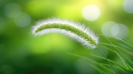 A delicate close-up of a soft white grass spikelet is set against a blurred green background, showcasing the elegance and tranquility of nature in a serene meadow environment.の素材