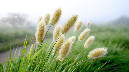 This beautiful image captures soft white grass swaying gently in a foggy landscape, evoking a sense of peace and tranquility amidst nature's lush beauty.の素材
