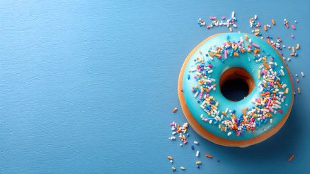 A beautifully presented glazed donut featuring bright blue icing and colorful sprinkles on a soft light blue surface, perfect for dessert lovers and sweet treat enthusiasts.の素材
