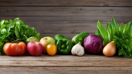 A vibrant assortment of fresh vegetables and fruits displayed against a rustic wooden background, showcasing the beauty of healthy eating and organic cooking inspiration.の素材