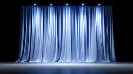 A stunning scene featuring elegant soft blue drapery with subtle lighting designed for stage backgrounds, event decorations, or captivating photography.の素材