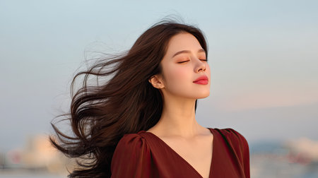 A young woman stands outdoors, eyes closed, embracing the gentle breeze with her hair flowing freely, radiating peace and beauty under a pastel sky.の素材