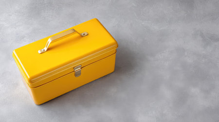 A vibrant yellow toolbox set against a soft gray background. Ideal for home repairs, crafts, or DIY projects, this stylish container brings both functionality and flair.の素材