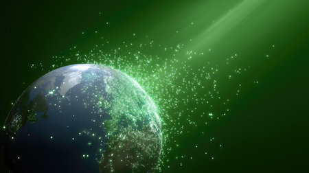 A stunning digital representation of Earth surrounded by green particles and light rays, symbolizing global connectivity and environmental awareness in a modern design.の素材