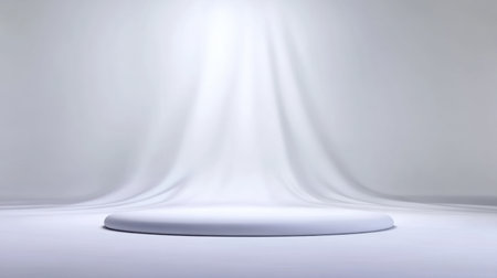 A bright and minimalist studio environment featuring soft white drapery and a round platform, perfect for creative displays or product photography. Ideal for artistic projects.の素材