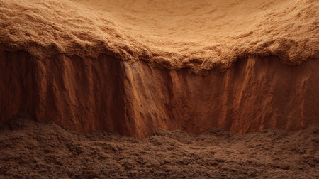 This image showcases a close-up view of textured brown soil featuring rich dark layers and a soft surface, ideal for themes related to nature and agriculture.の素材