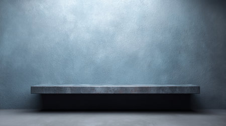 A sleek, minimalist display shelf positioned in front of a textured blue wall, creating an ideal backdrop for product showcases and interior design presentations.の素材