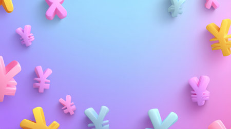 Vibrant and playful 3D currency symbols scattered on a soft gradient background. Ideal for creative projects related to finance, business, and investment themes.の素材