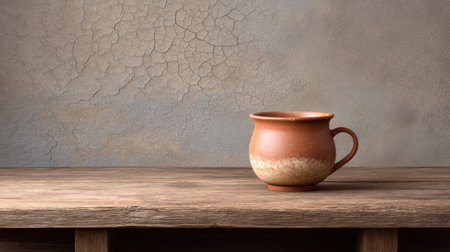 This image depicts a rustic clay cup on a wooden table, set against a cracked textured wall. The warm tones and natural lighting evoke a cozy, inviting atmosphere.の素材