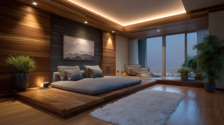 A serene and stylish modern bedroom interior showcasing minimalist design with warm wooden textures and soft lighting, offering a cozy atmosphere with city views.の素材
