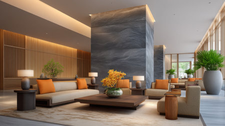 A stylish hotel lobby featuring modern furniture, warm colors, and natural elements that create a welcoming atmosphere perfect for relaxation and social engagement.の素材