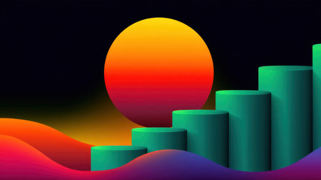 This captivating abstract digital artwork showcases a vibrant sunset with geometric shapes and flowing waves, ideal for creative and modern design projects.の素材