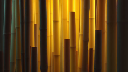 A stunning display of bamboo stalks radiating soft yellow light, creating a captivating and tranquil atmosphere ideal for nature-themed projects and designs.の素材