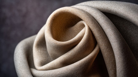 An artistic close-up of soft beige fabric elegantly draped in a circular formation, emphasizing texture and depth, perfect for fashion or home decor themes.の素材